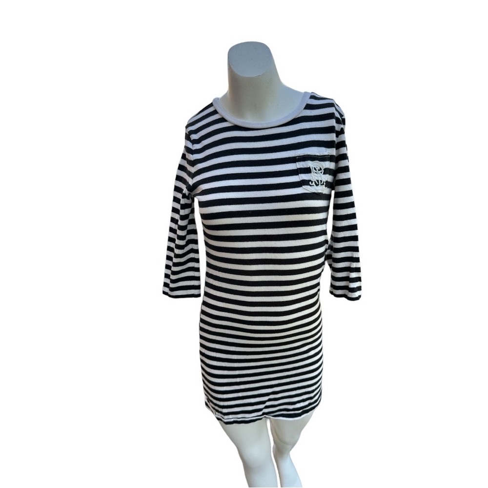 Polo Ralph Lauren Girls M 8-10 Black White Striped 3/4 Sleeve Dress Logo